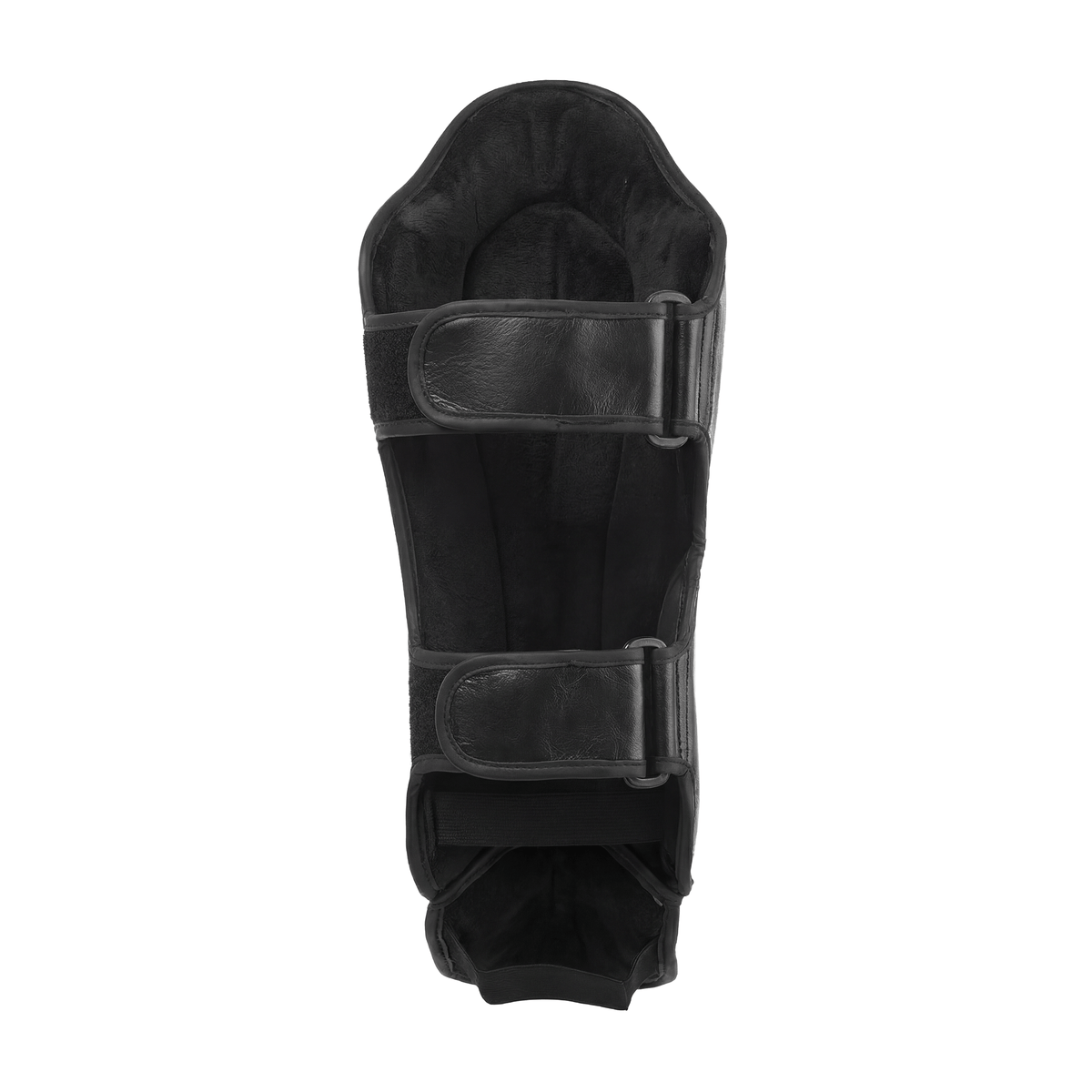 PROLAST deluxe Muay Thai shin guard in black, back view of the padded lining and two straps