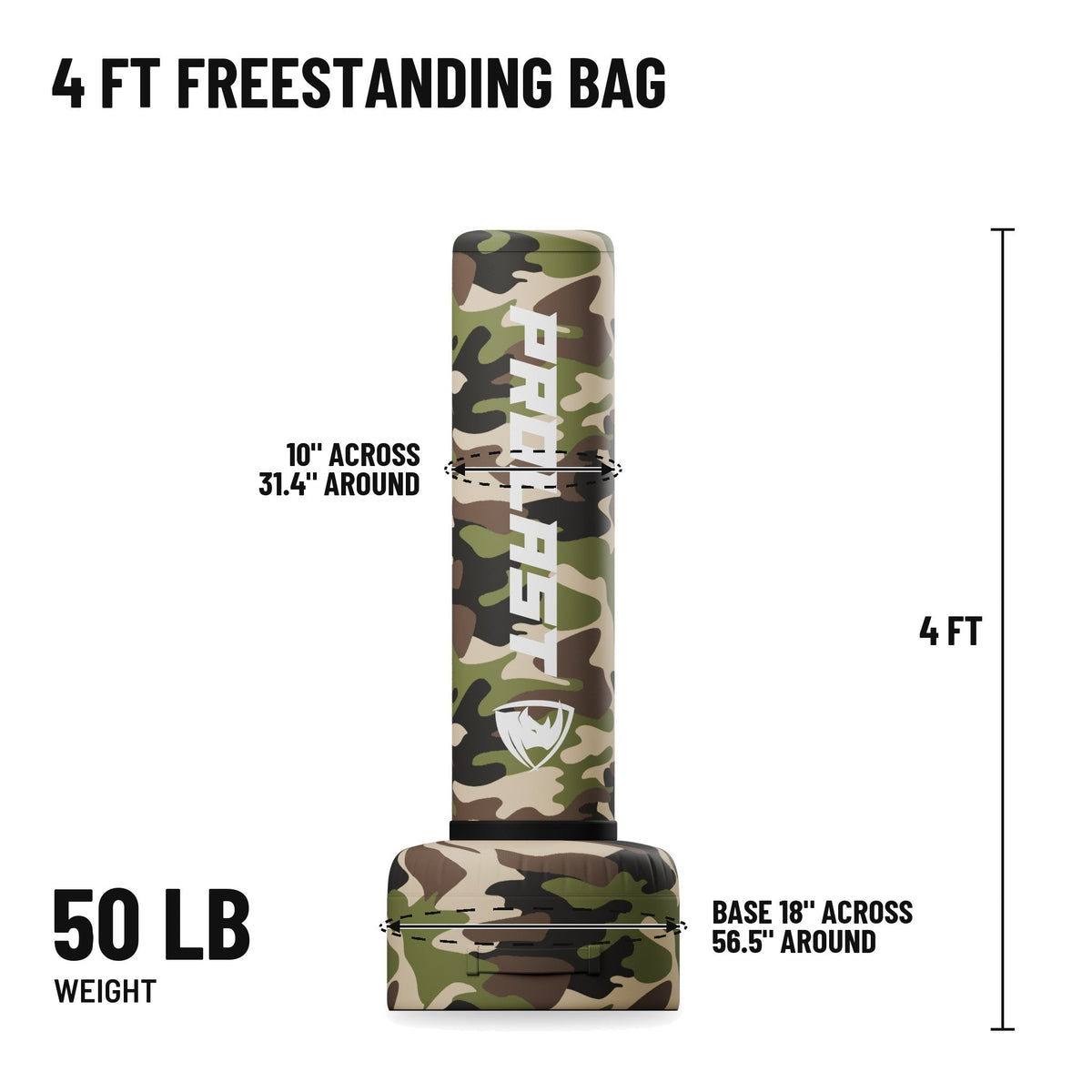 4 ft freestanding bag: 4 ft tall, bag 10 in across and 31.4 in around, base 18 in across and 56.5 in around, 50 lb