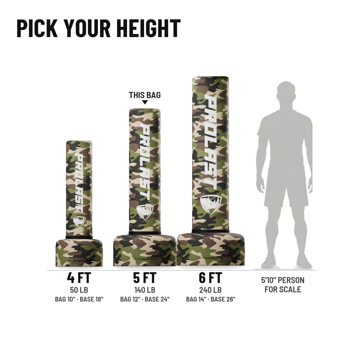 Height guide: 4, 5 and 6 ft PROLAST freestanding bags in camo to scale next to a 5 ft 10 in person, with weights and diameters; this bag is the 5 ft