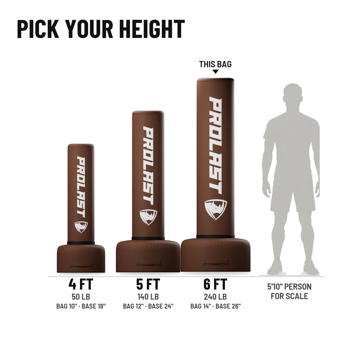 Height guide: 4, 5 and 6 ft PROLAST freestanding bags in brown to scale next to a 5 ft 10 in person, with weights and diameters; this bag is the 6 ft