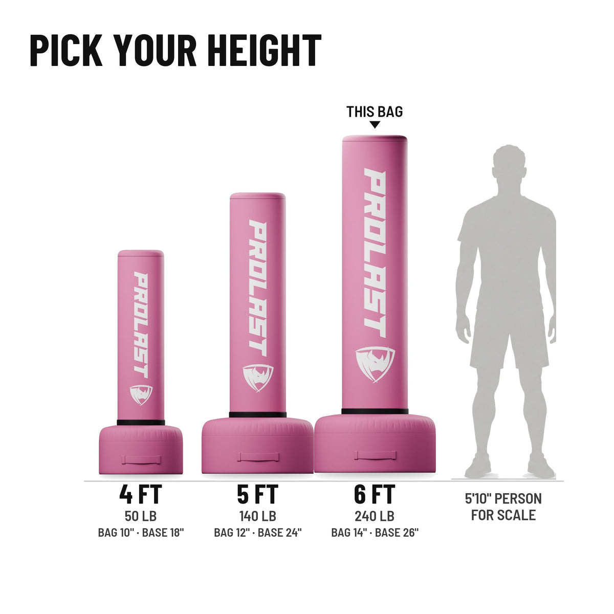 Height guide: 4, 5 and 6 ft PROLAST freestanding bags in pink to scale next to a 5 ft 10 in person, with weights and diameters; this bag is the 6 ft