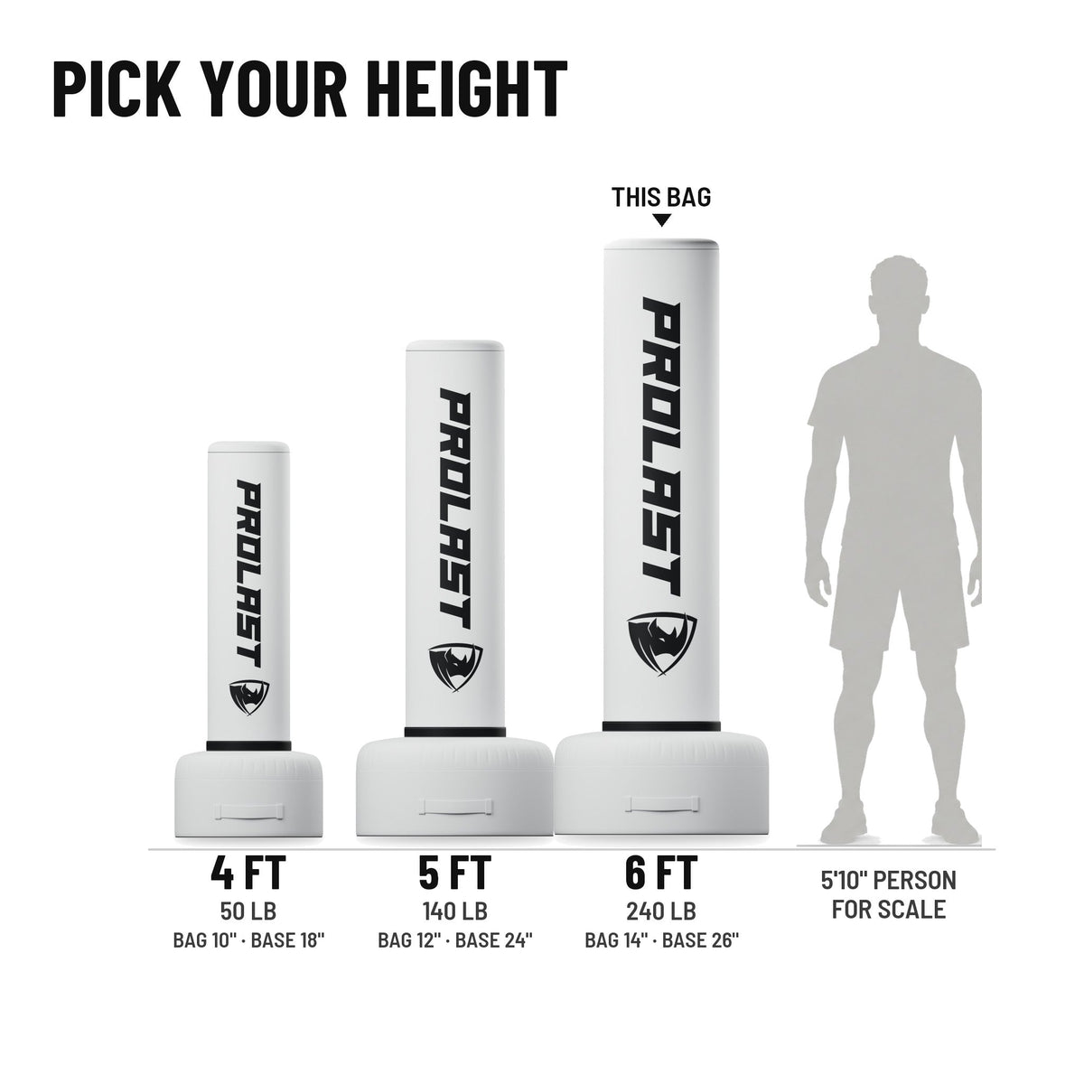 Height guide: 4, 5 and 6 ft PROLAST freestanding bags in white to scale next to a 5 ft 10 in person, with weights and diameters; this bag is the 6 ft