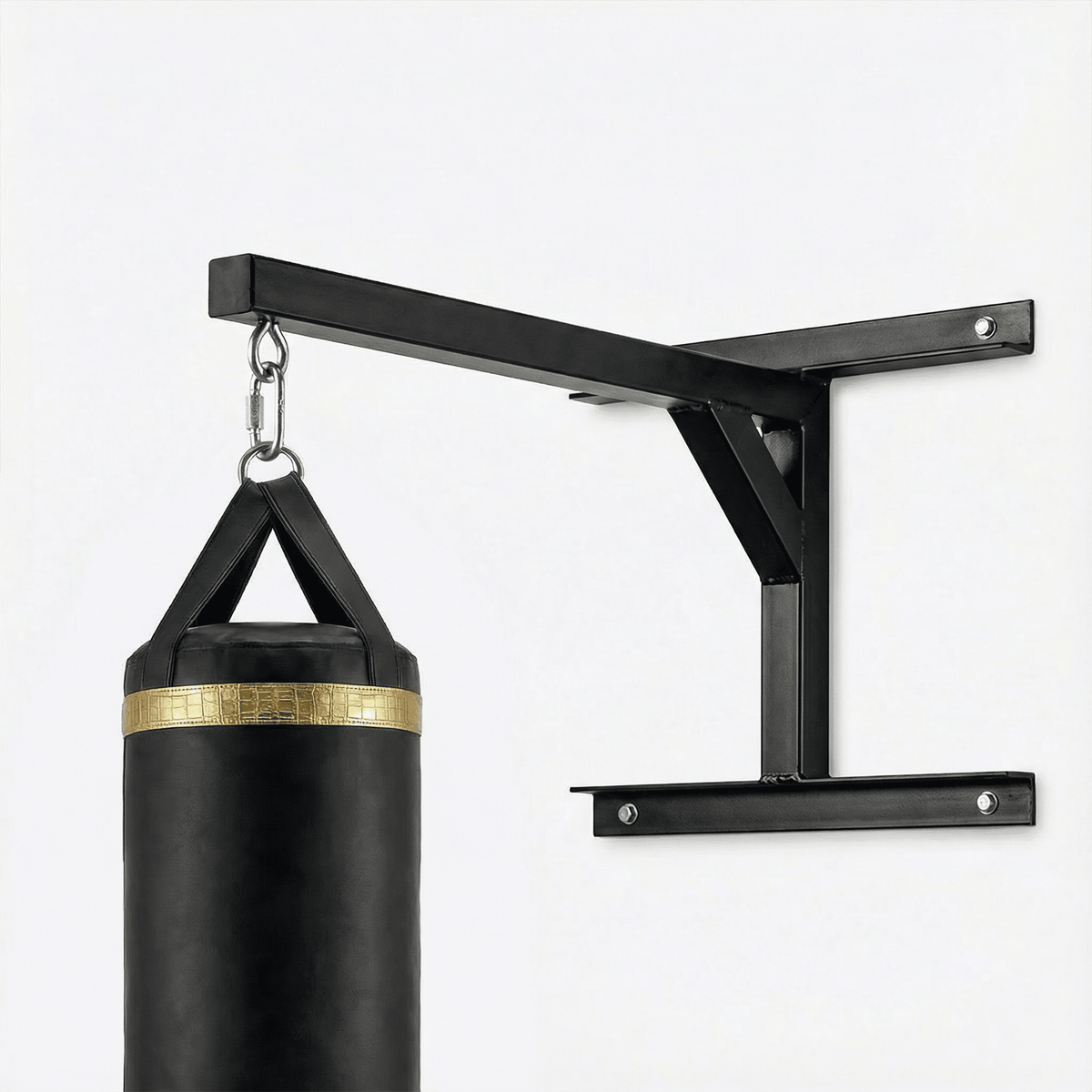 PROLAST heavy bag wall mount, black steel arm holding a black heavy bag, side view