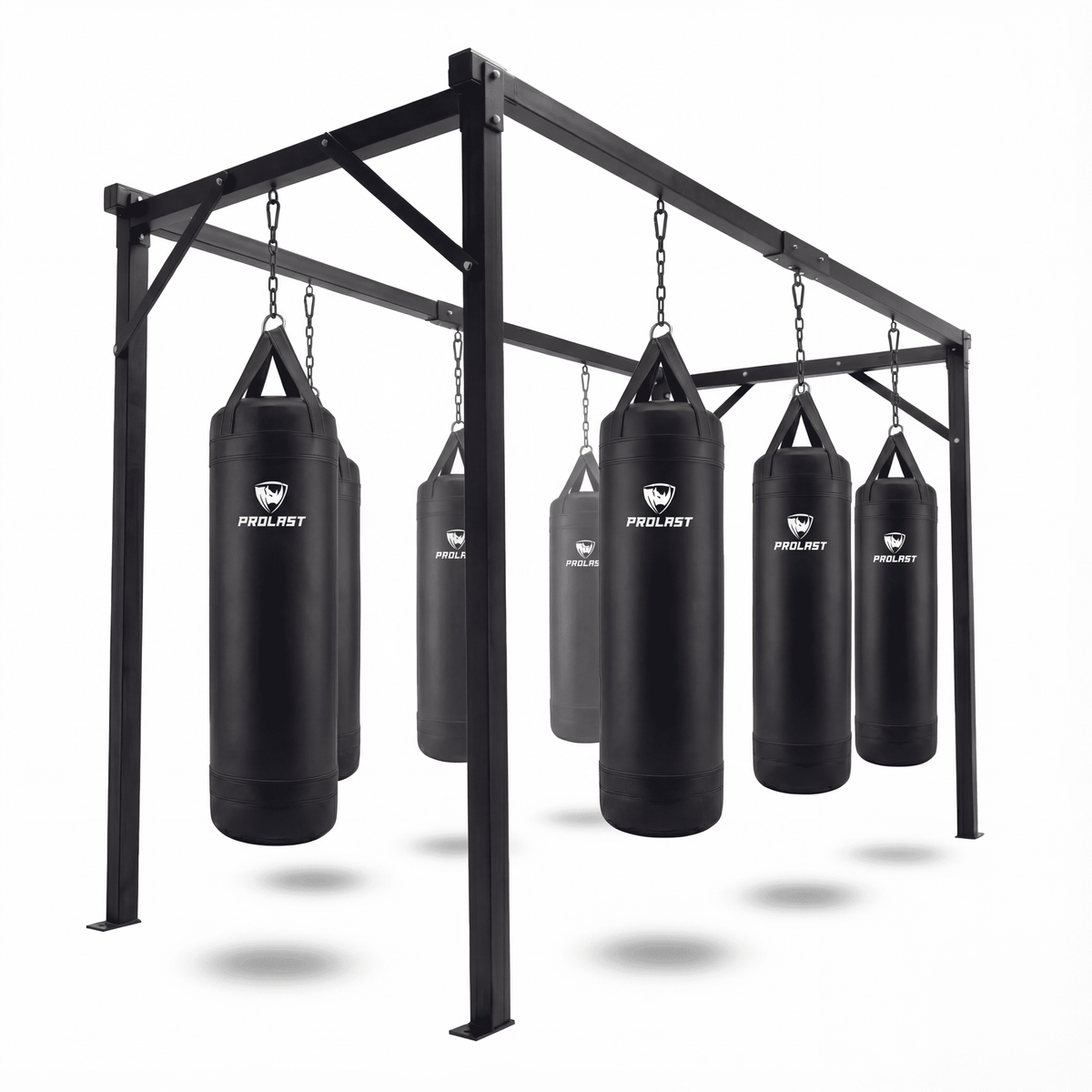 PROLAST heavy duty 8 heavy bag station stand loaded with black PROLAST heavy bags hanging from the top beams