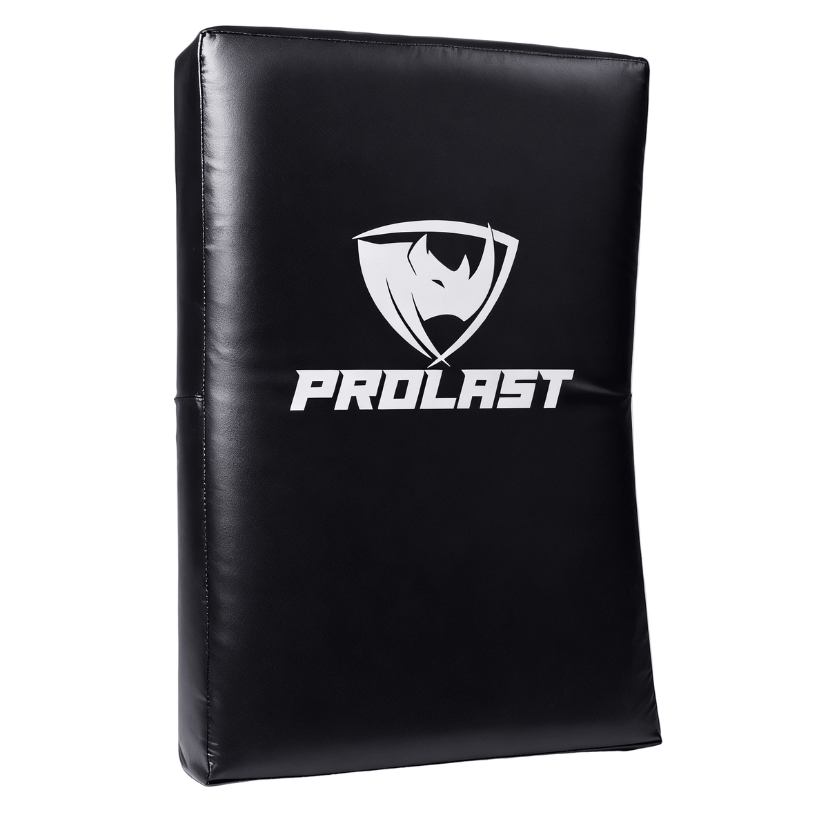 PROLAST kick shield in black, front view with the white PROLAST rhino logo