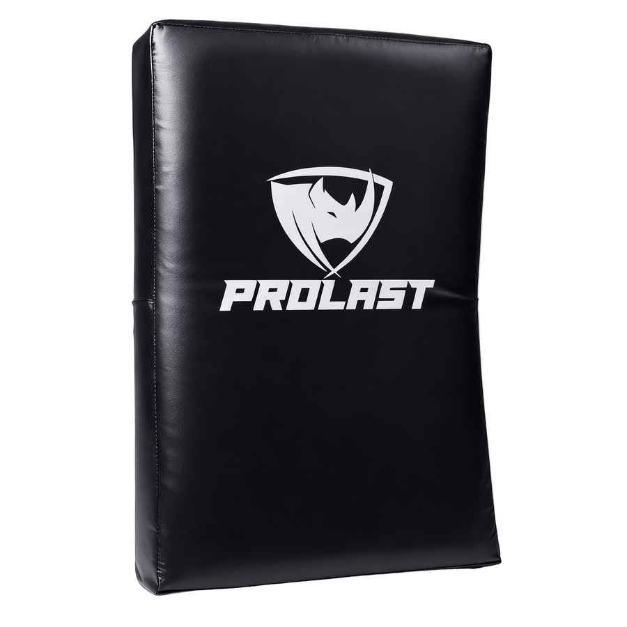 PROLAST kick shield in black, front view with the white PROLAST rhino logo