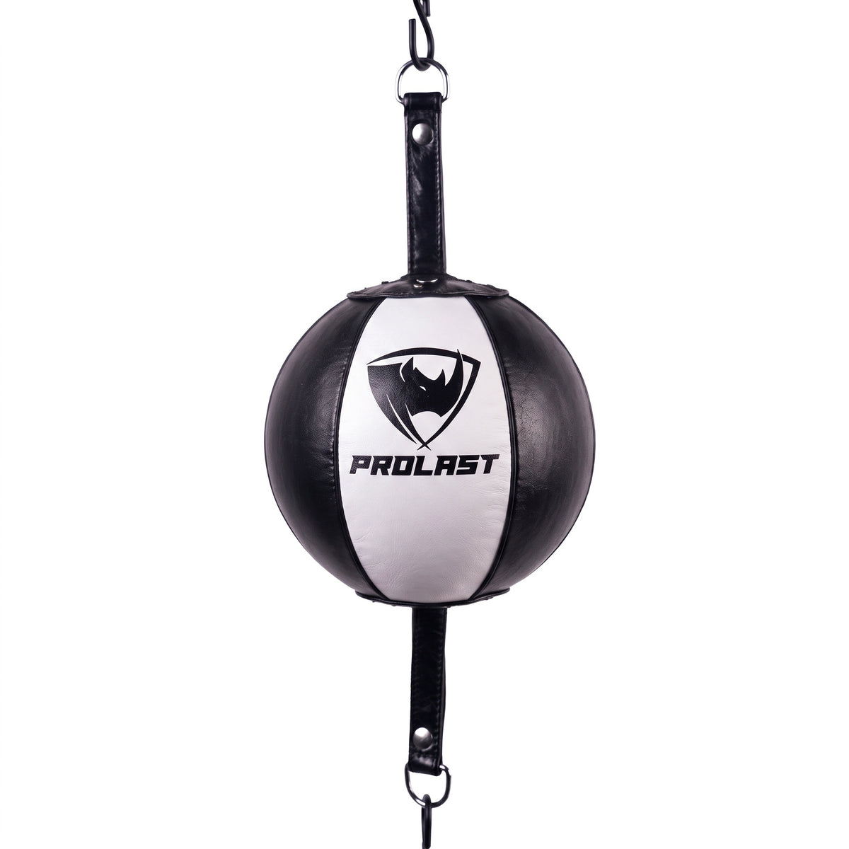 PROLAST professional leather double end bag in black with a white front panel and a black PROLAST logo, hanging between its top and bottom straps