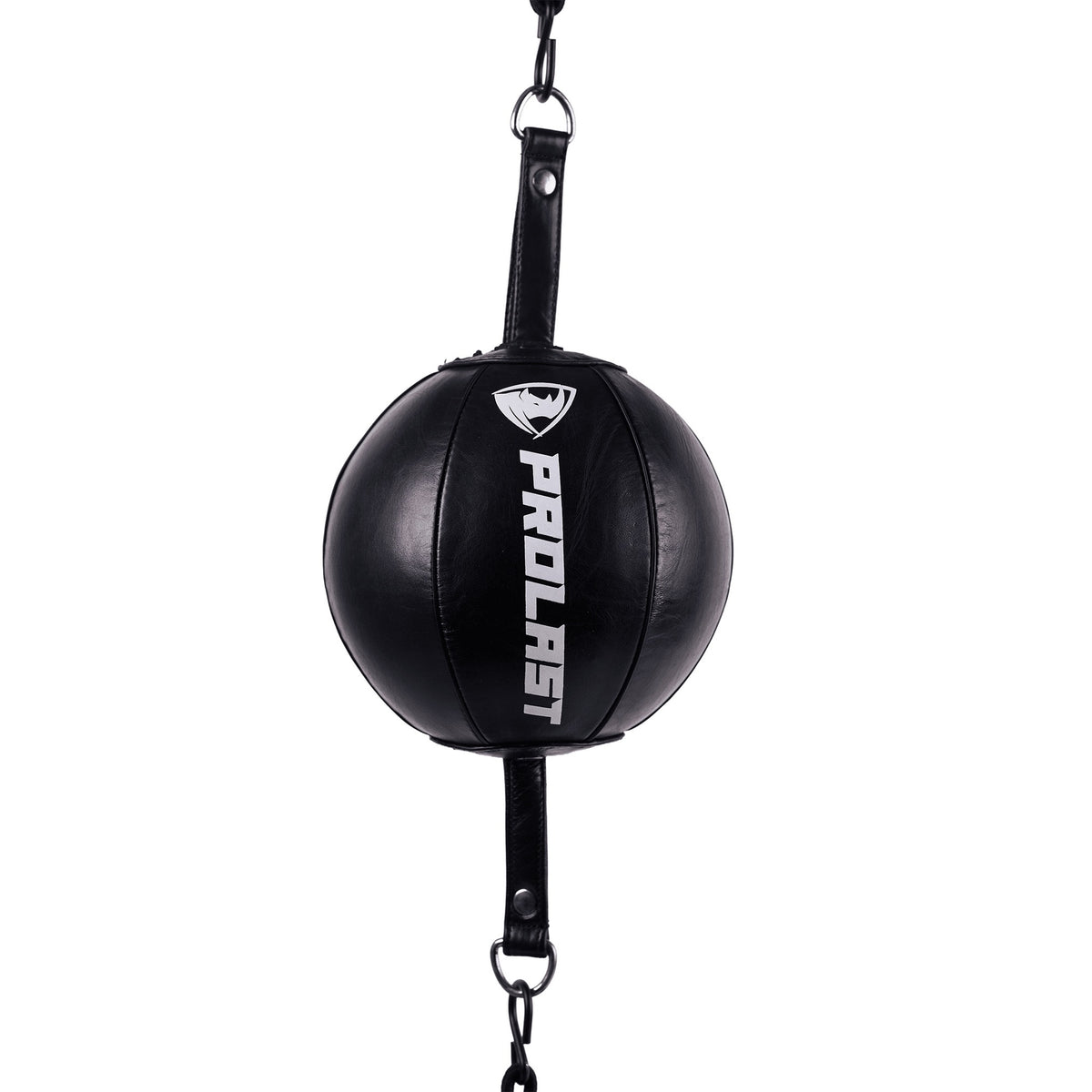 PROLAST professional leather double end bag in black with white PROLAST lettering down the front, hanging between its top and bottom straps