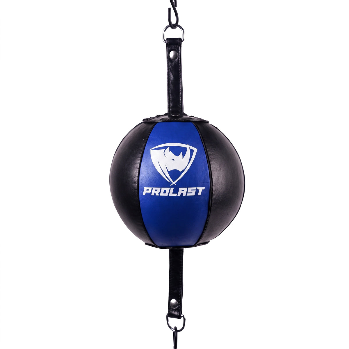 PROLAST professional leather double end bag in black with a blue front panel and a white PROLAST logo, hanging between its top and bottom straps