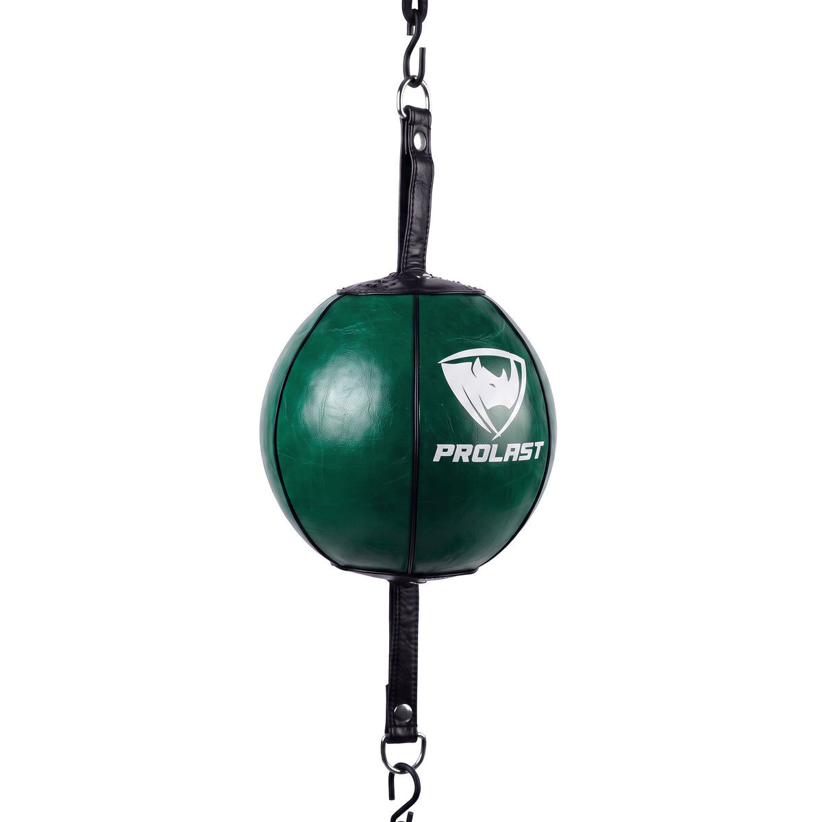 PROLAST professional leather double end bag in green with a white PROLAST logo, turned to show the round leather panels