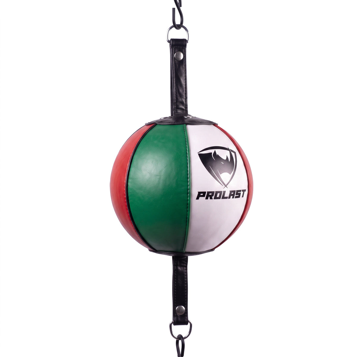 PROLAST professional leather double end bag with green, white and red panels and a black PROLAST logo on the white panel, turned to show the round leather panels