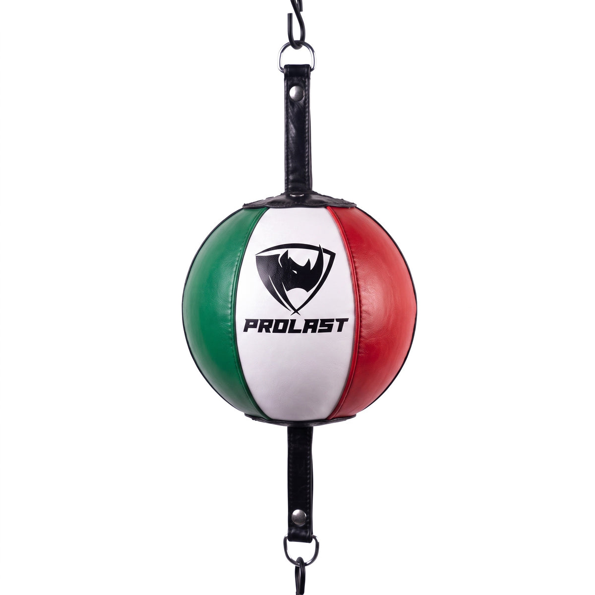 PROLAST professional leather double end bag with green, white and red panels and a black PROLAST logo on the white panel, hanging between its top and bottom straps