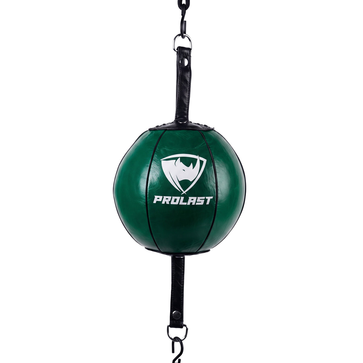 PROLAST professional leather double end bag in green with a white PROLAST logo, hanging between its top and bottom straps