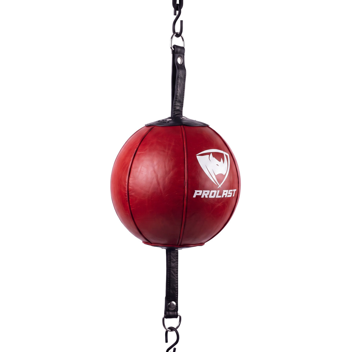 PROLAST professional leather double end bag in red with a white PROLAST logo, turned to show the round leather panels