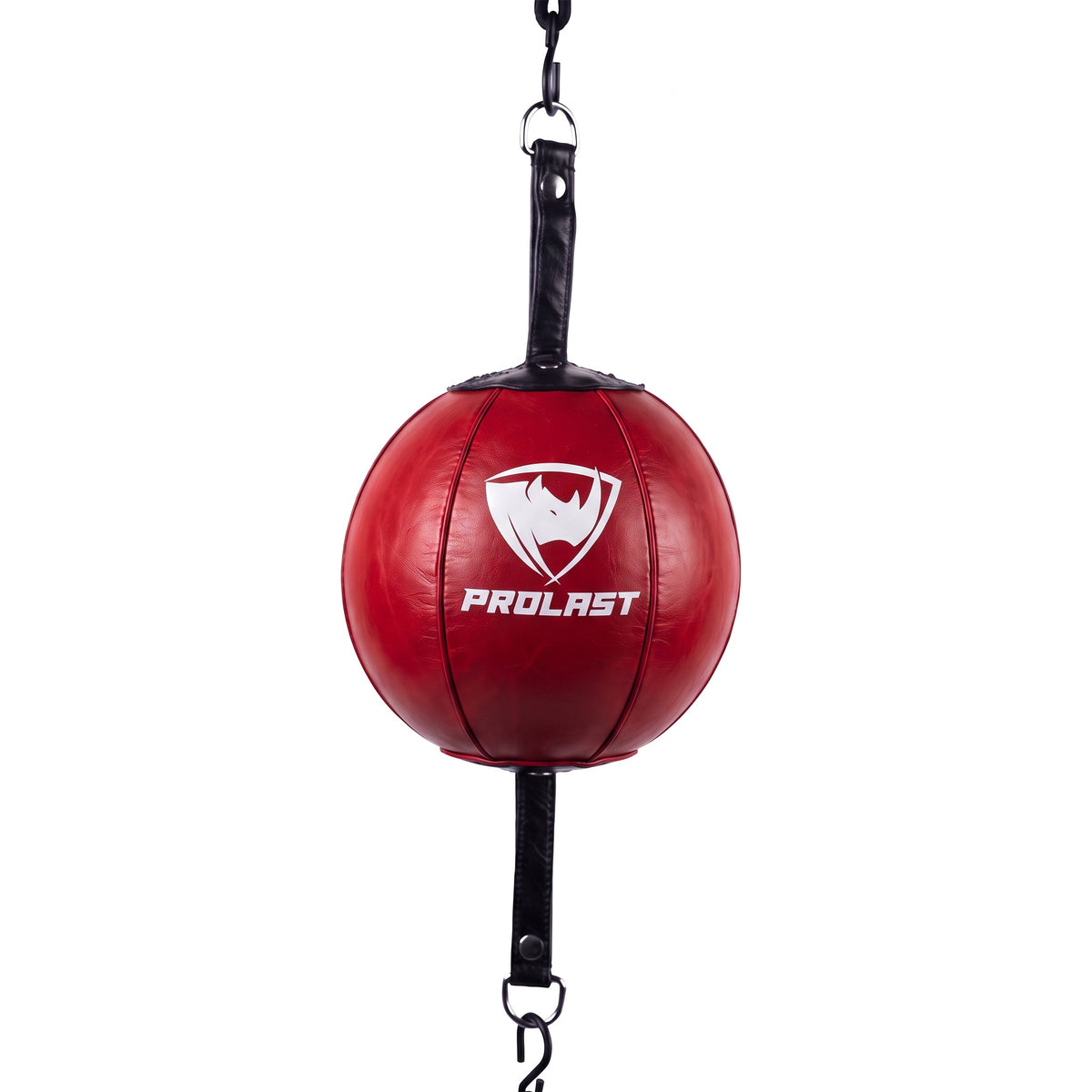 PROLAST professional leather double end bag in red with a white PROLAST logo, hanging between its top and bottom straps