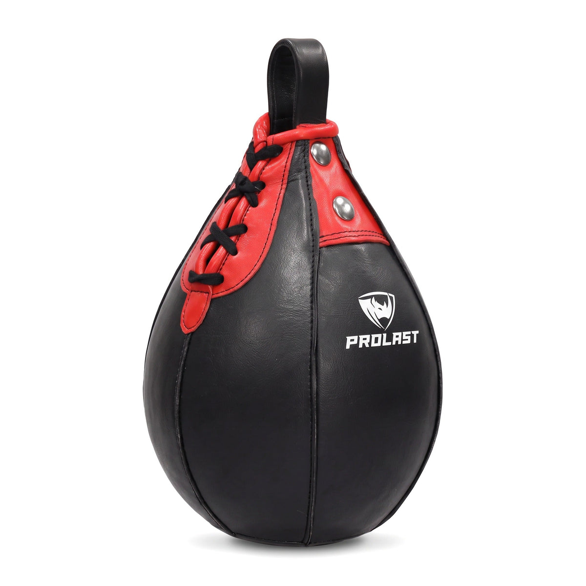 PROLAST black and red leather speed bag turned to show the laced side seam