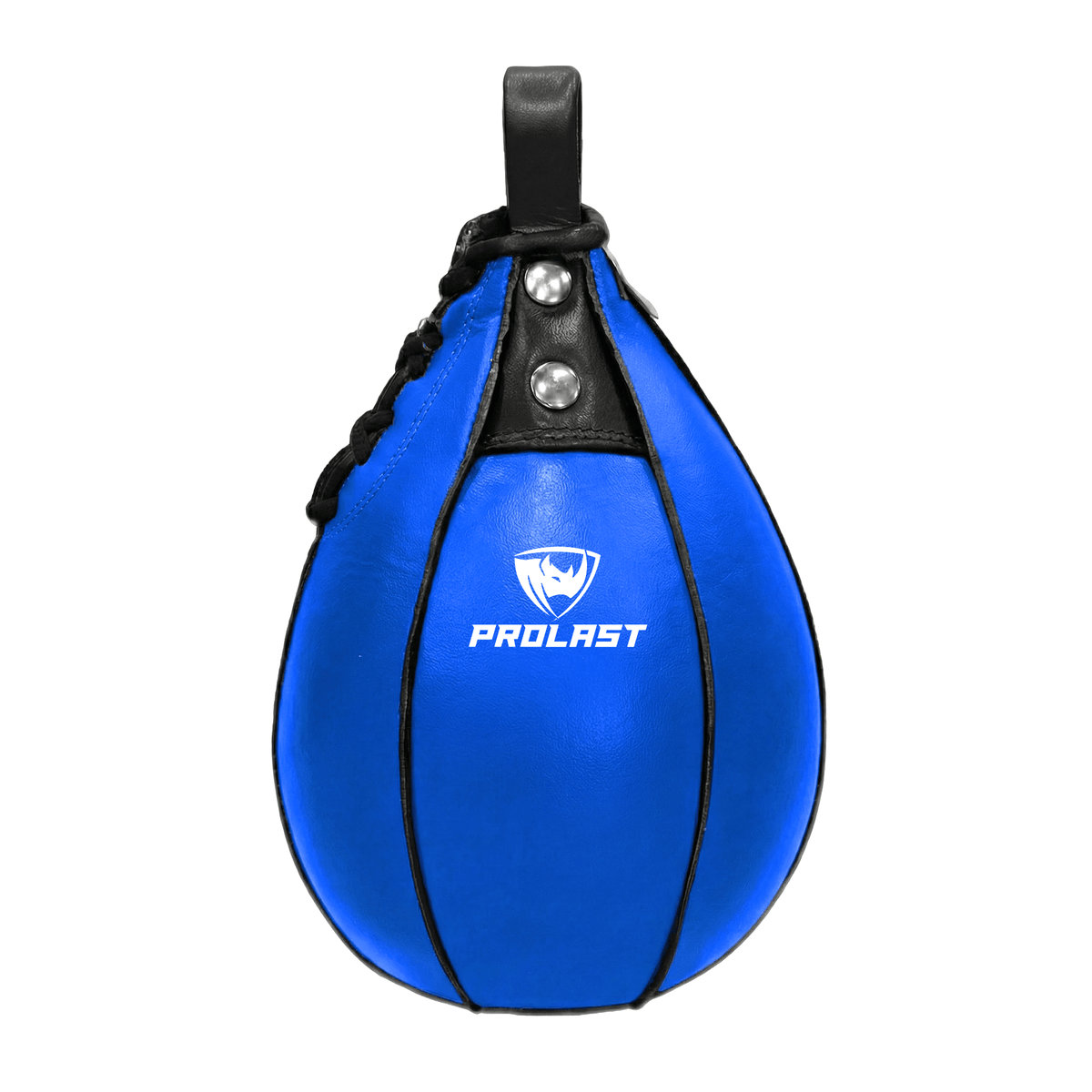 PROLAST leather speed bag in blue, front view with black top panel, laces and loop and the white PROLAST logo