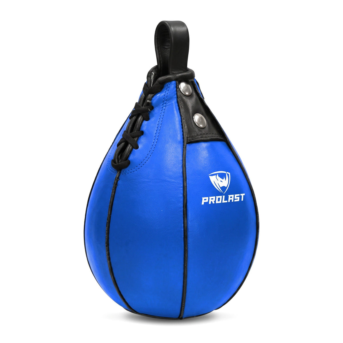 PROLAST blue leather speed bag turned to show the laced side seam