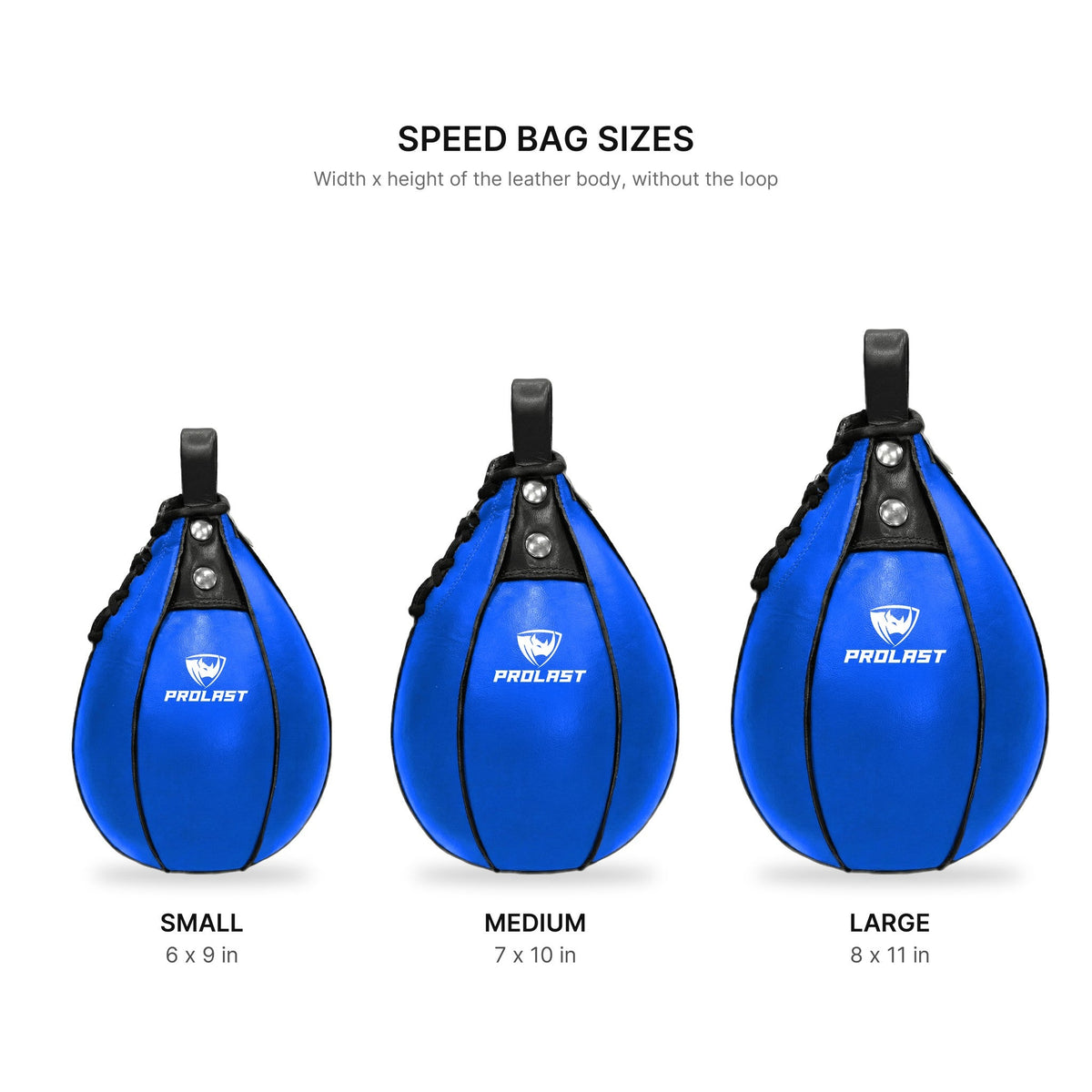 PROLAST blue leather speed bag sizes: Small 6 x 9 in, Medium 7 x 10 in, Large 8 x 11 in