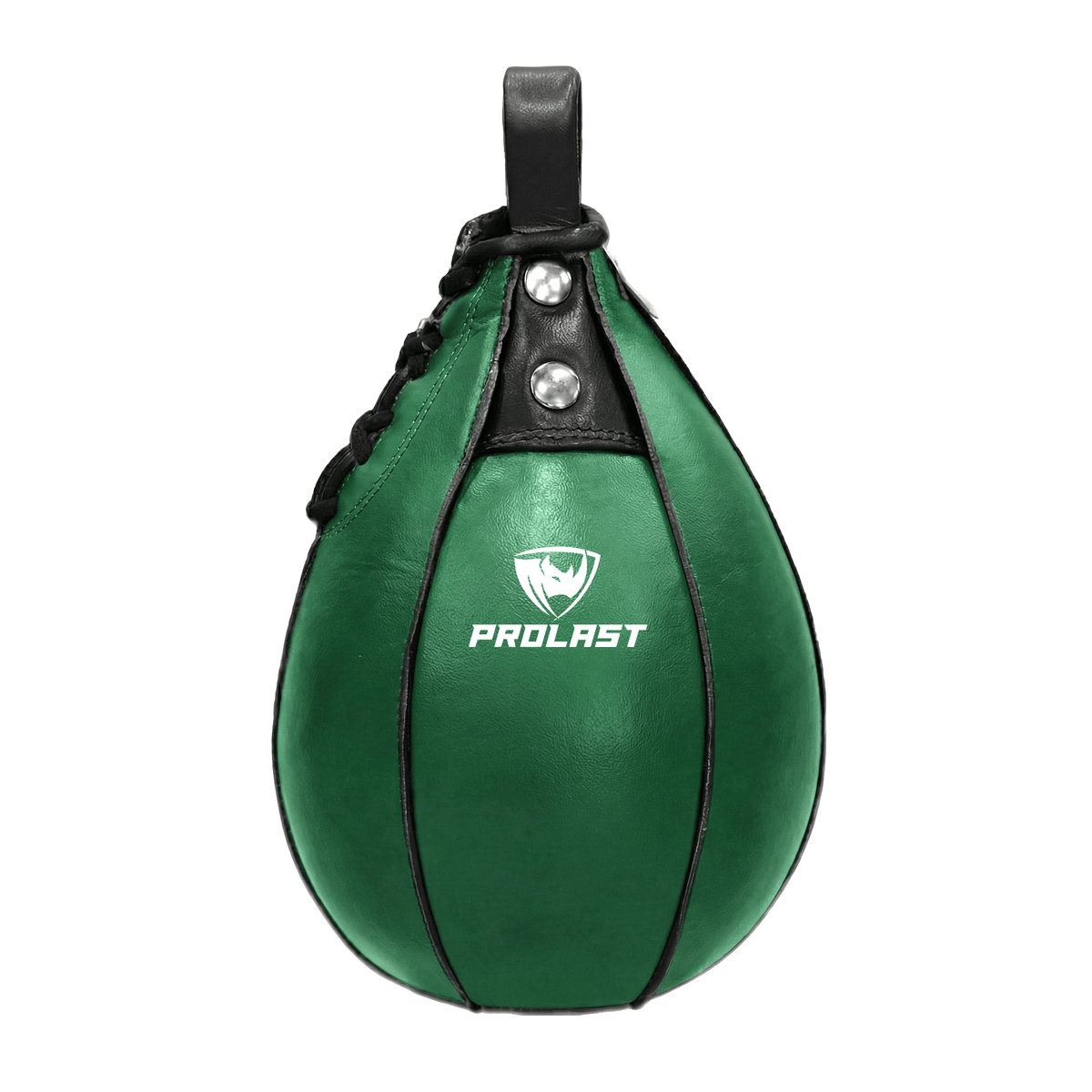 PROLAST leather speed bag in green, front view with black top panel, laces and loop and the white PROLAST logo