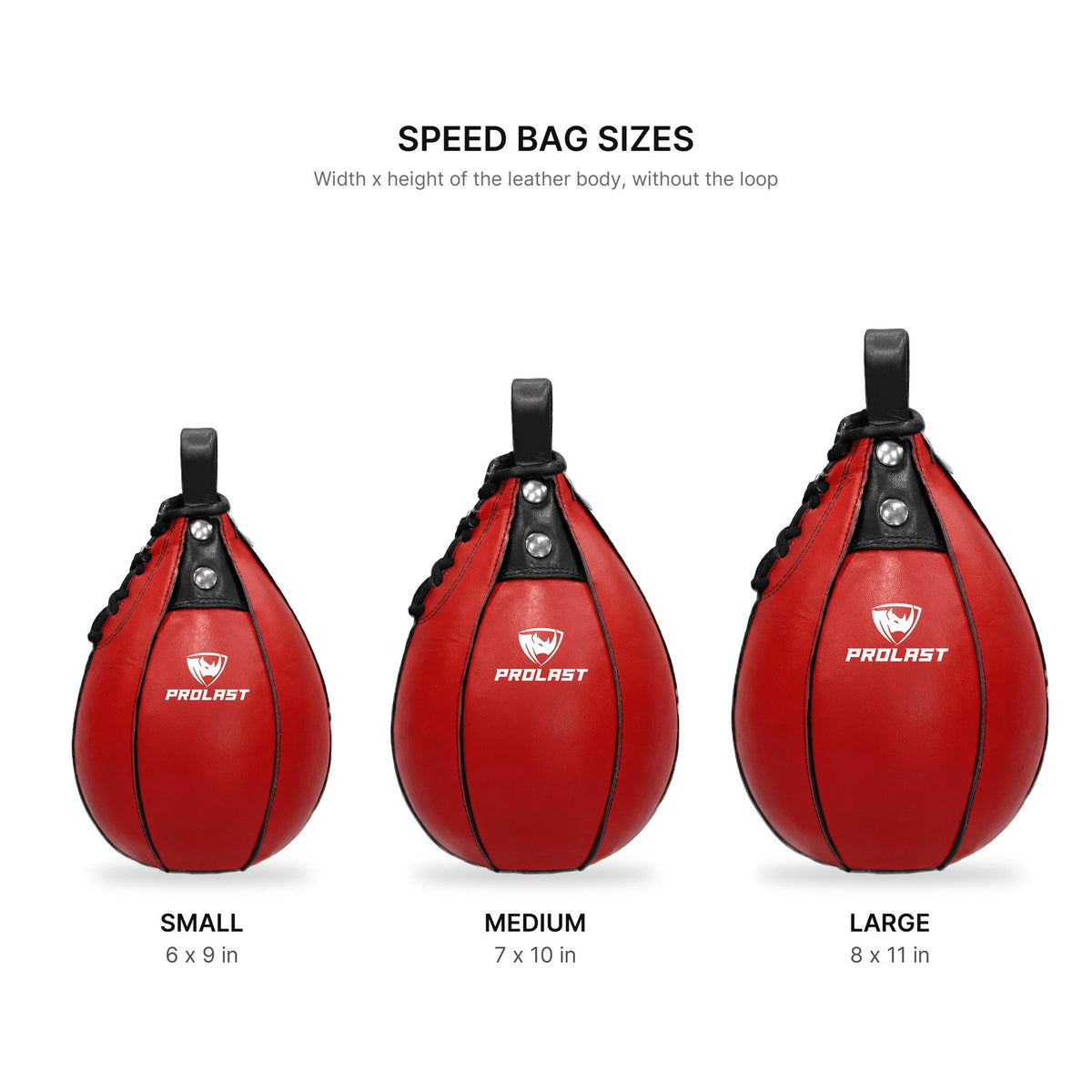PROLAST red leather speed bag sizes: Small 6 x 9 in, Medium 7 x 10 in, Large 8 x 11 in
