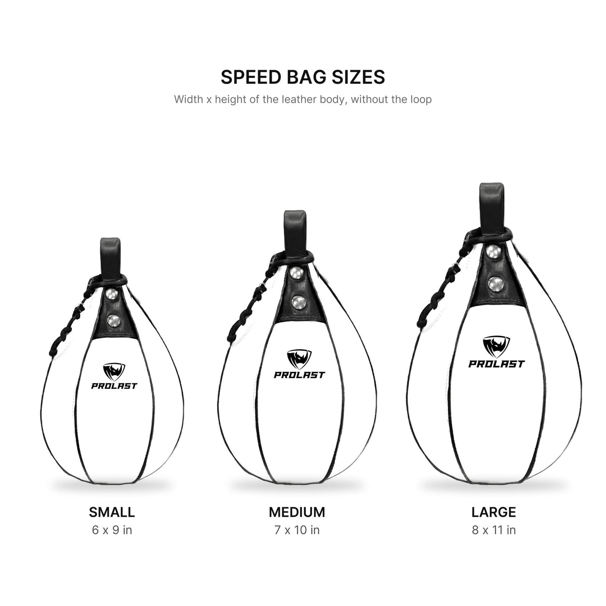 PROLAST white leather speed bag sizes: Small 6 x 9 in, Medium 7 x 10 in, Large 8 x 11 in