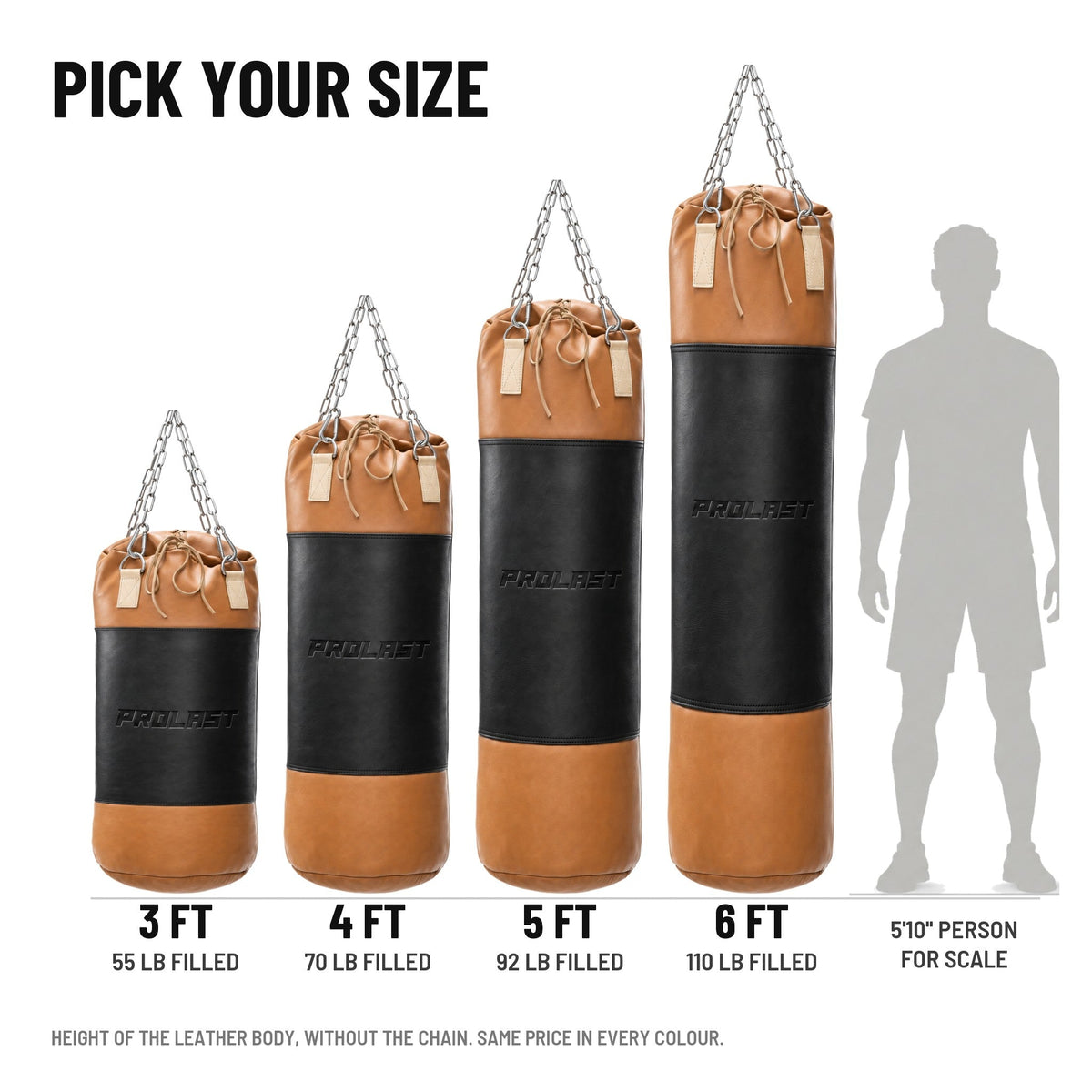 PROLAST Multi-Panel Leather Heavy Bag - Black / Caramel in 3, 4, 5 and 6 ft (55, 70, 92 and 110 lb filled), next to a 5 ft 10 in person
