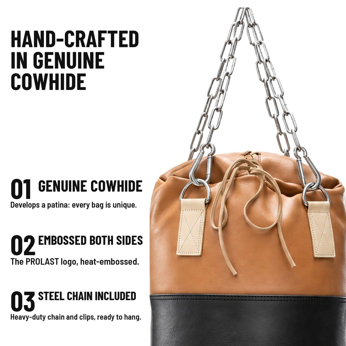 Hand-crafted in genuine cowhide: heat-embossed PROLAST logo on both sides, stainless steel chain and clips included