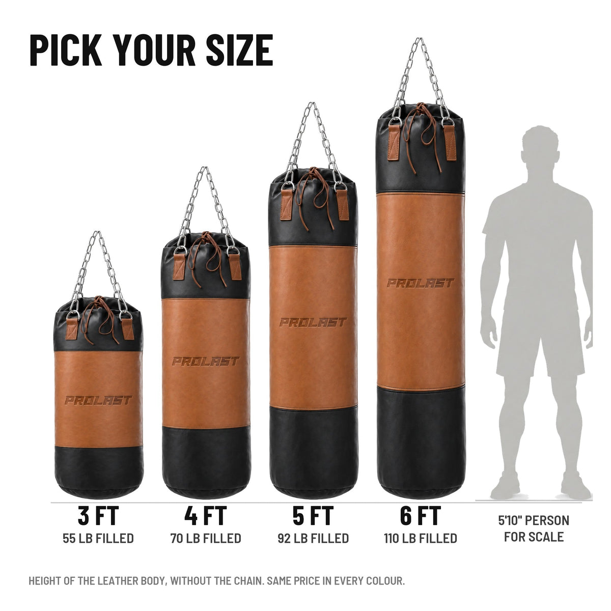 PROLAST Multi-Panel Leather Heavy Bag - Tan / Black in 3, 4, 5 and 6 ft (55, 70, 92 and 110 lb filled), next to a 5 ft 10 in person