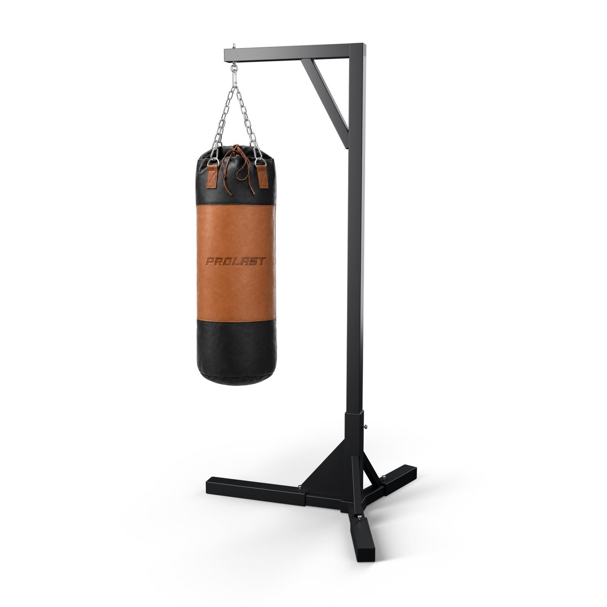 PROLAST Multi-Panel Leather Heavy Bag - Tan / Black hanging on its steel chain from a PROLAST bag stand (stand sold separately)