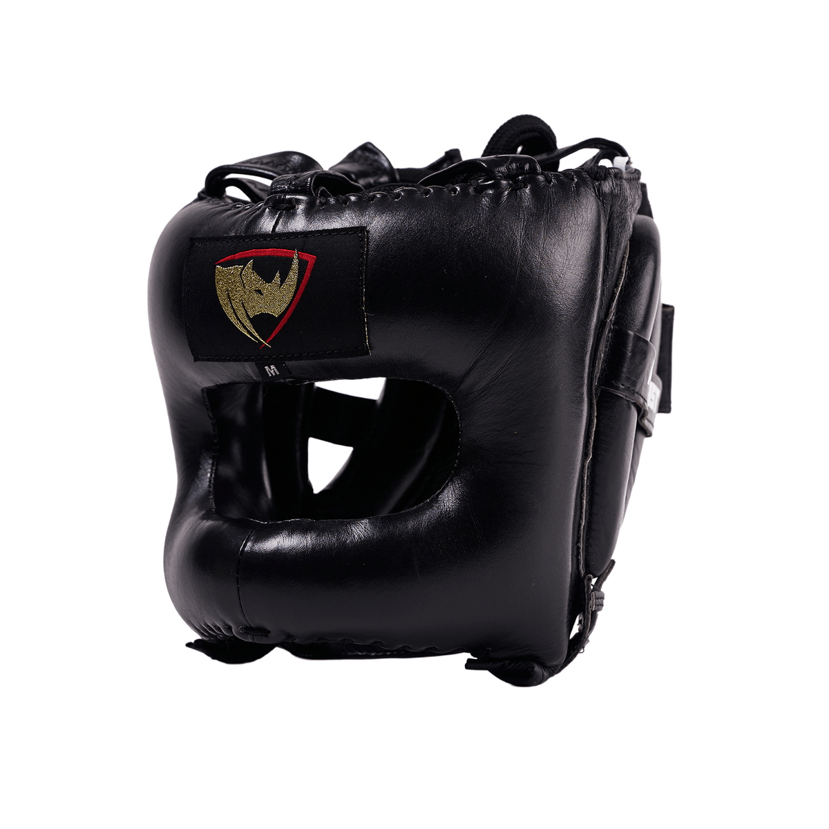 PROLAST nose bar face saver headgear in black, angled front view from the other side showing the laced crown