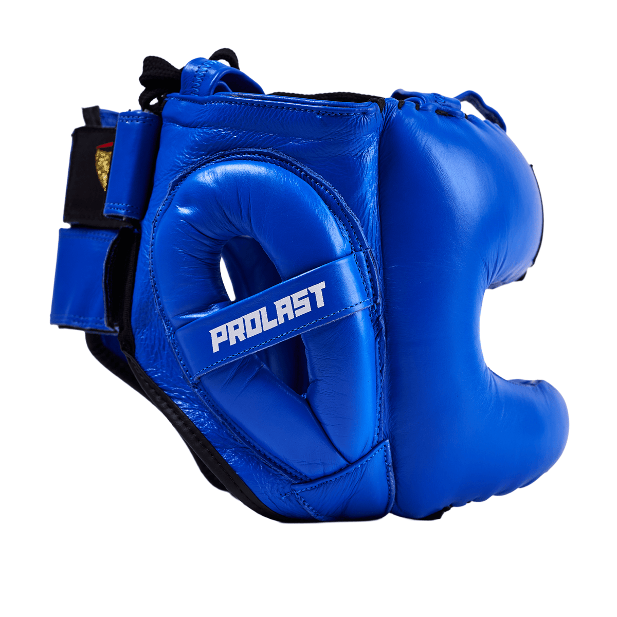 PROLAST nose bar face saver headgear in blue, side view facing right, ear guard with white PROLAST strap