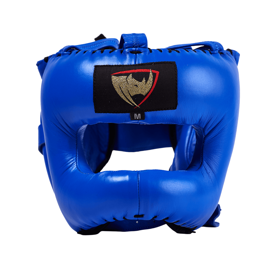 PROLAST nose bar face saver headgear in blue, front view with gold-and-red rhino logo patch, size M tag and padded face bar