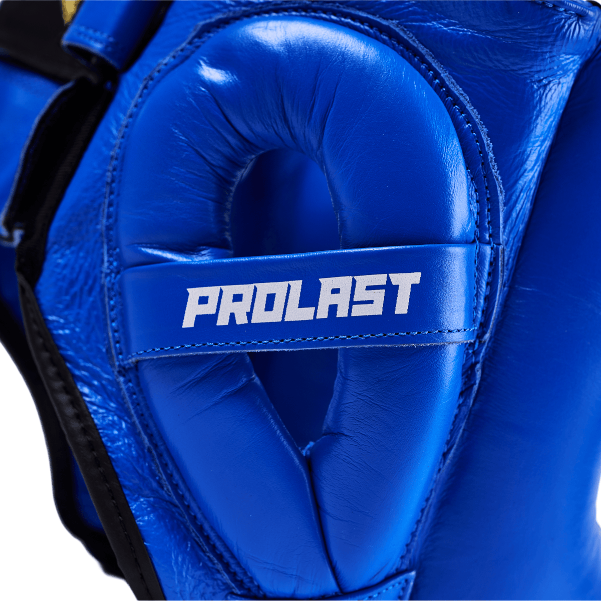 PROLAST nose bar face saver headgear in blue, close-up of the other ear guard with PROLAST strap and stitched edges