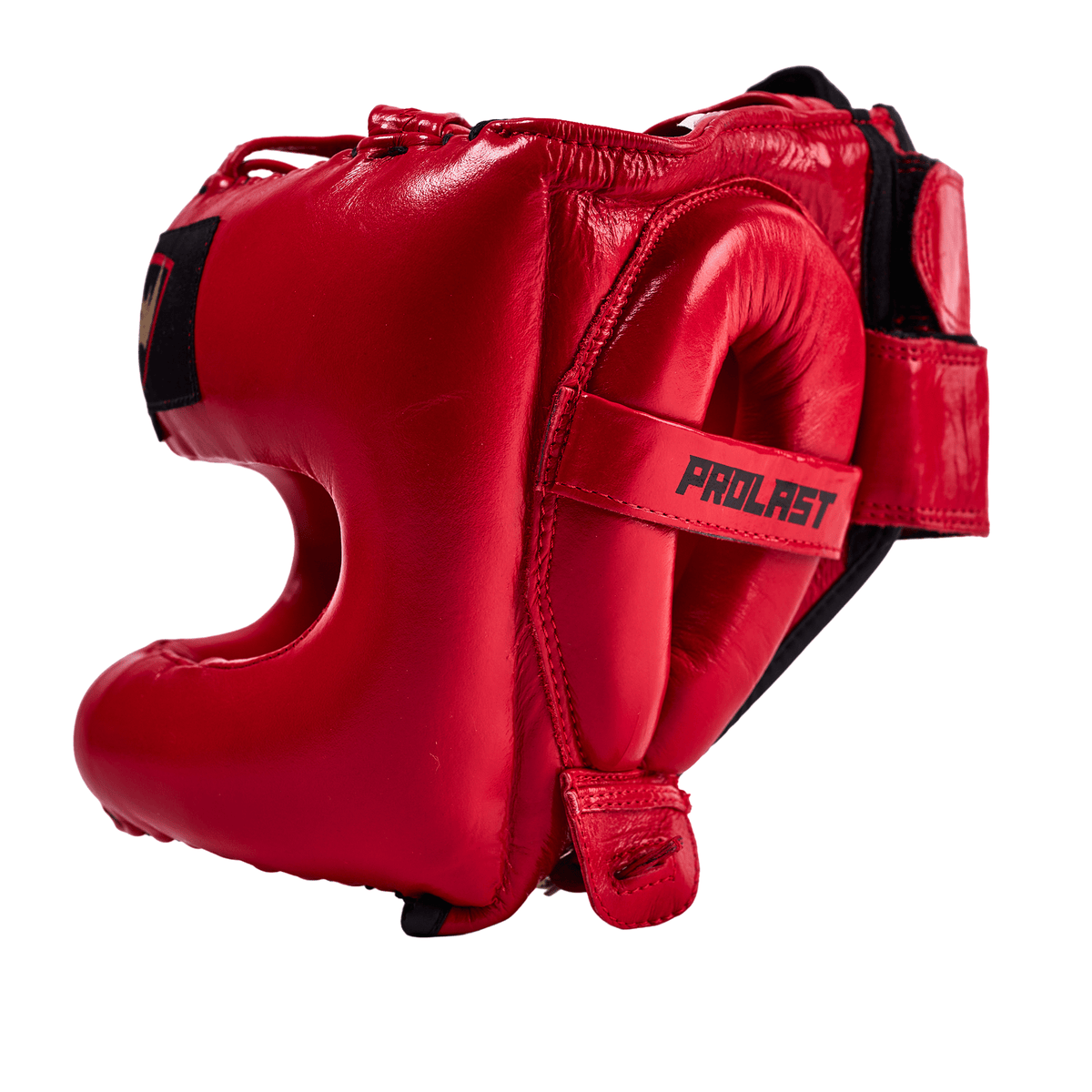PROLAST nose bar face saver headgear in red, side view of the ear padding and PROLAST strap