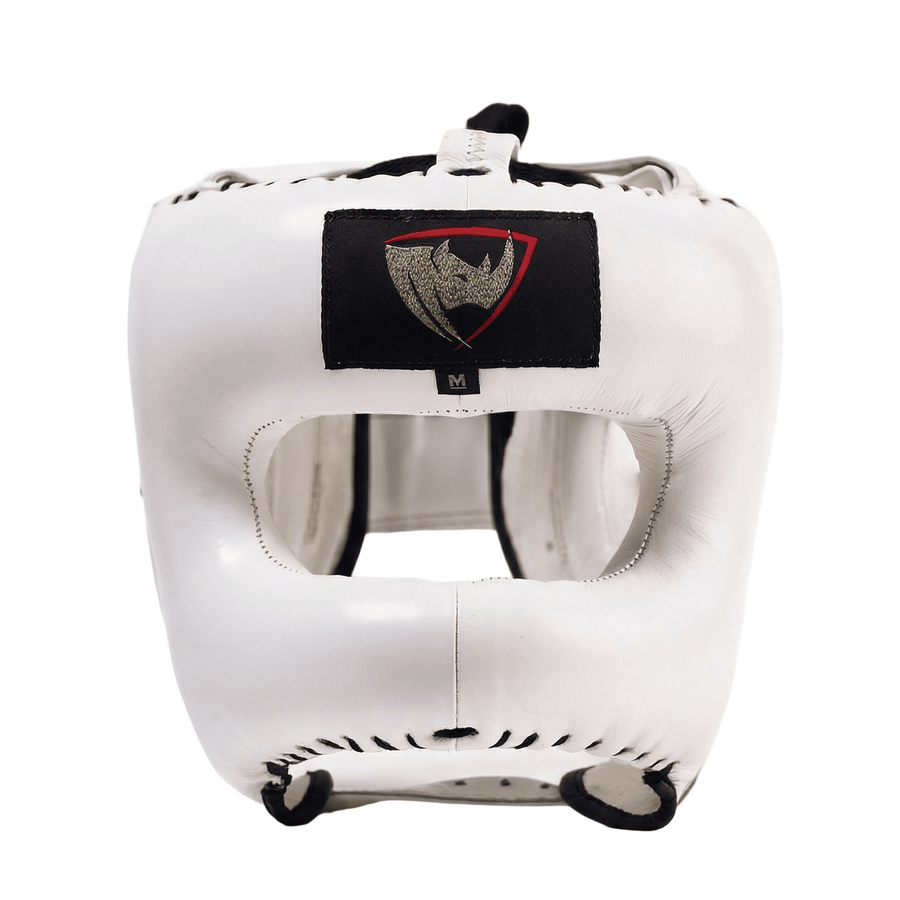 PROLAST nose bar face saver headgear in white, front view with gold-and-red rhino logo patch and padded face bar