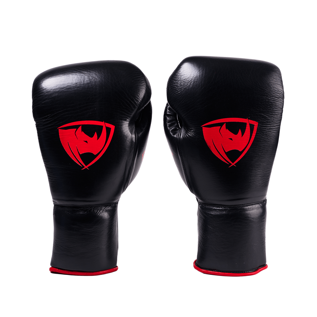PROLAST PG professional lace-up boxing gloves in black and red, pair front view with red rhino logos and red cuff trim