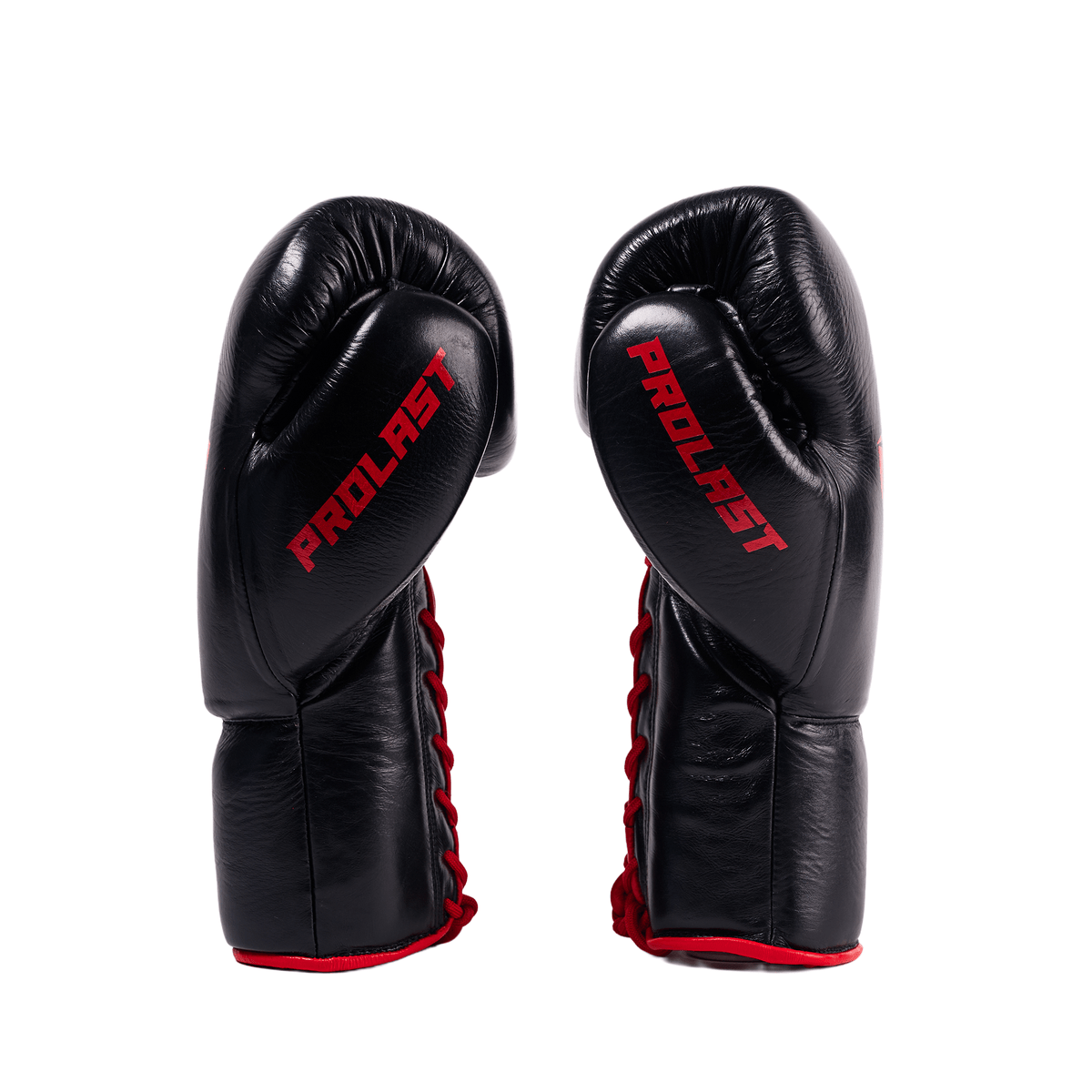 PROLAST PG professional lace-up boxing gloves in black and red, pair side view with red PROLAST lettering and red laces