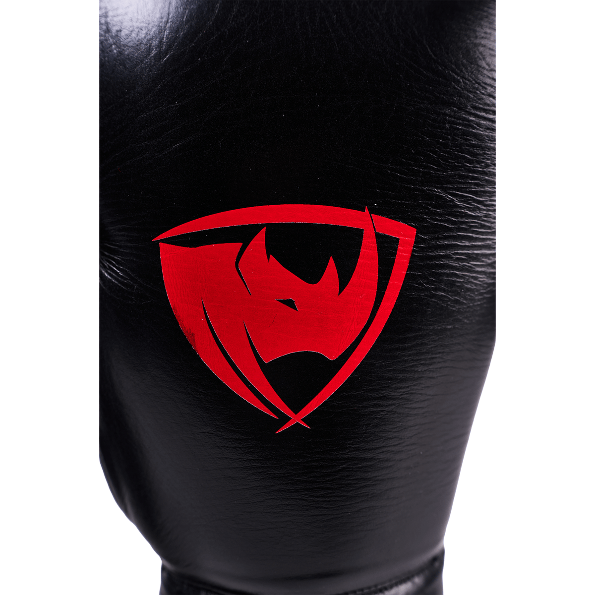 PROLAST PG professional lace-up boxing gloves in black and red, close-up of the red rhino shield logo