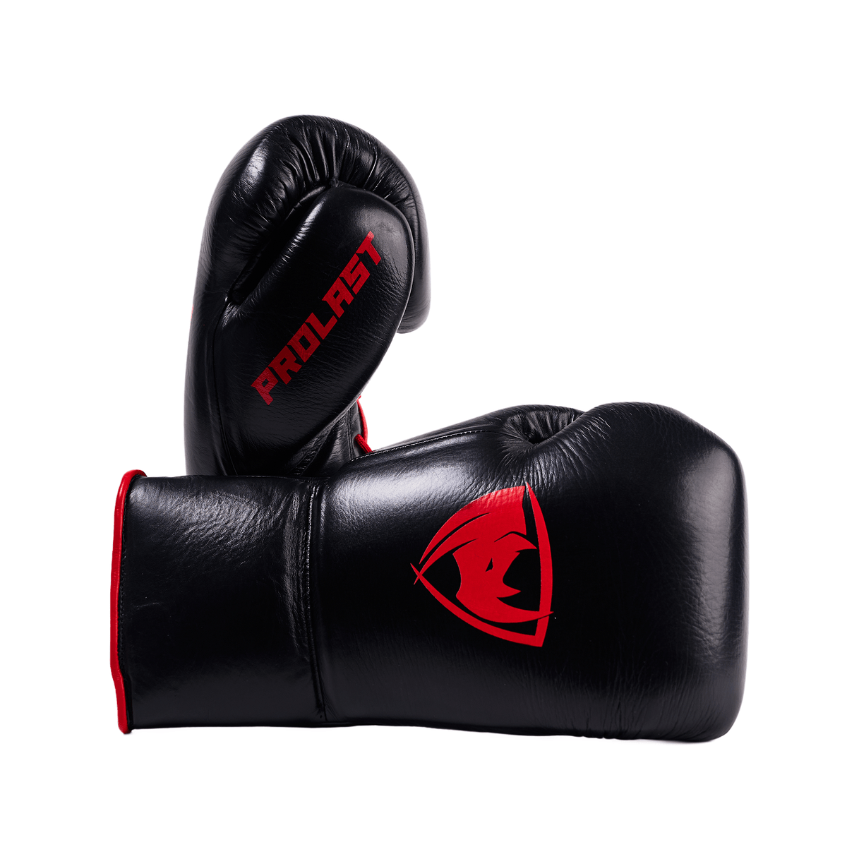 PROLAST PG professional lace-up boxing gloves in black and red, upright glove with red PROLAST lettering, lying glove with logo