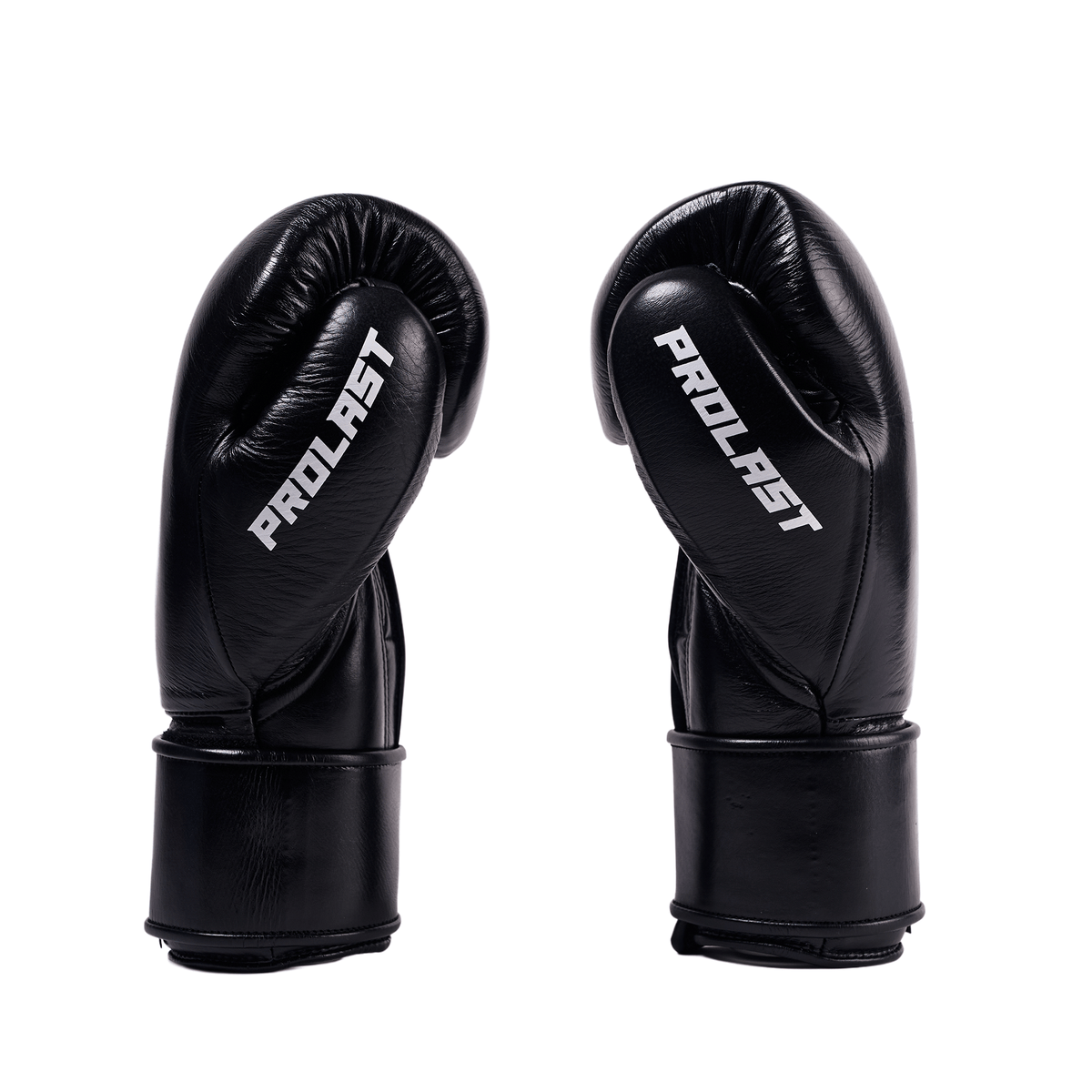 PROLAST PG professional boxing gloves in charcoal black with Velcro strap, pair side view with white PROLAST lettering