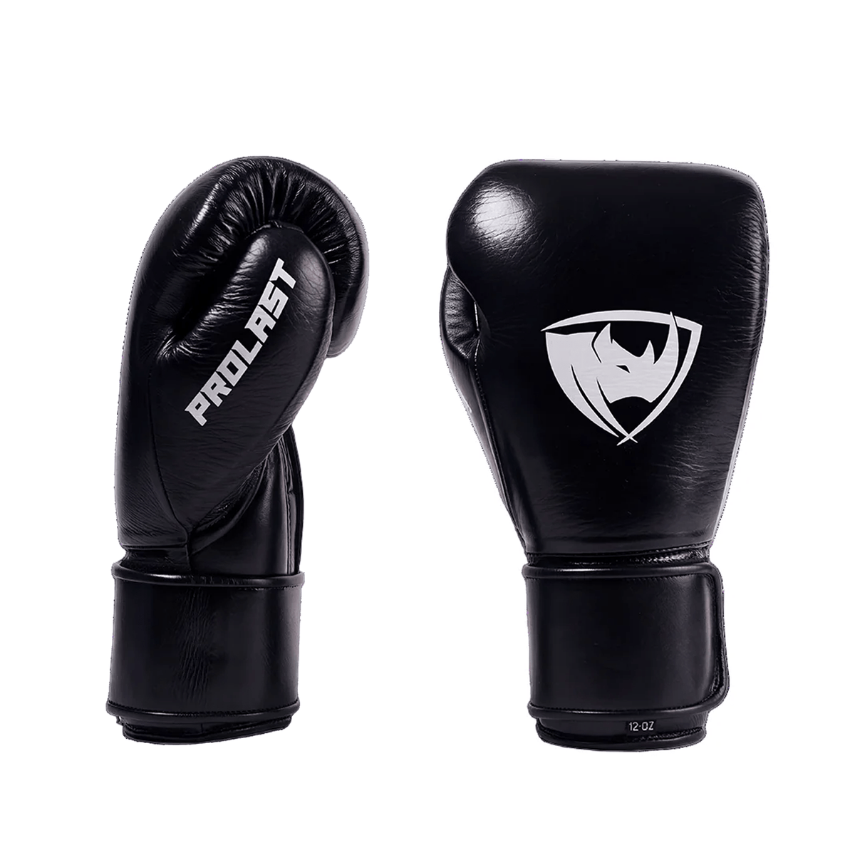PROLAST PG professional boxing gloves in charcoal black with Velcro strap, pair showing the PROLAST thumb side and rhino logo