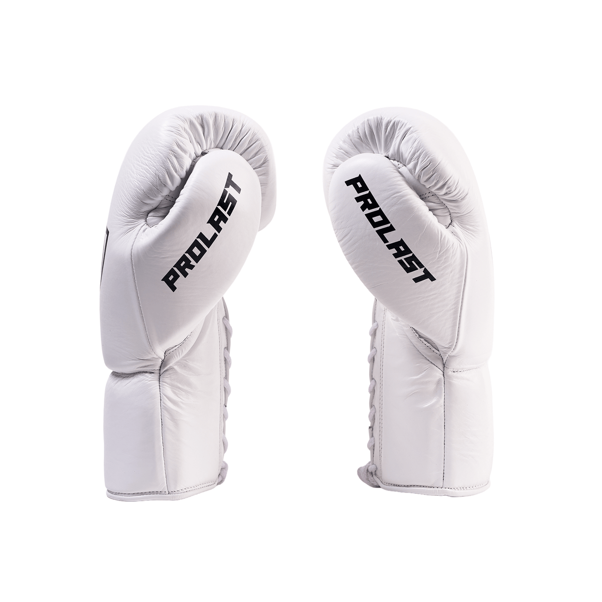 PROLAST PG professional lace-up boxing gloves in Columbian white, pair side view with white laces and black PROLAST lettering
