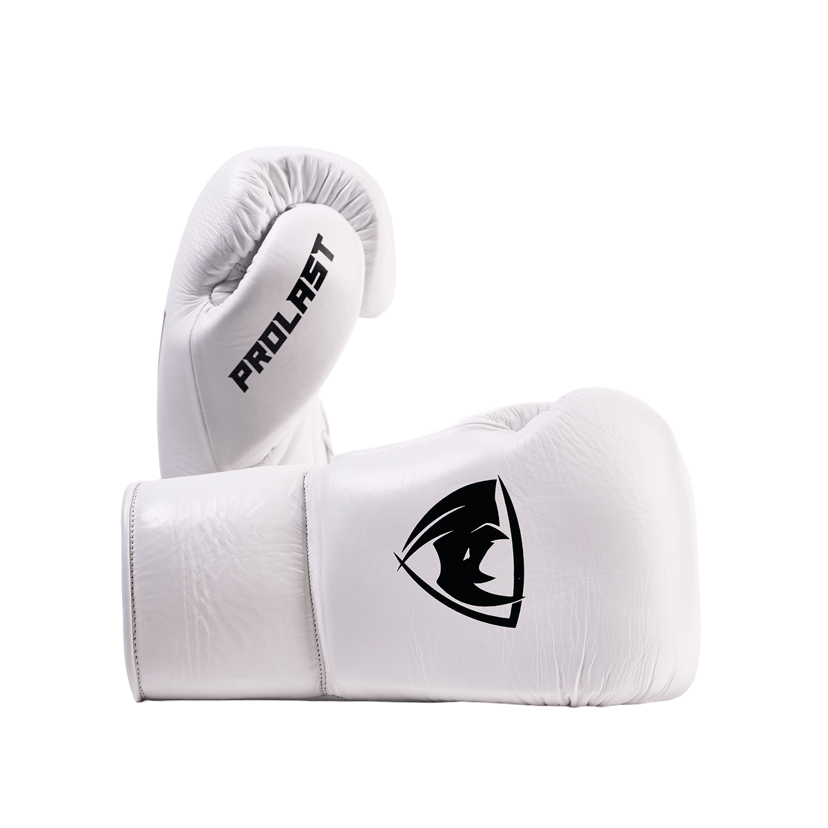 PROLAST PG professional lace-up boxing gloves in Columbian white, one upright side-on, one lying with black rhino logo