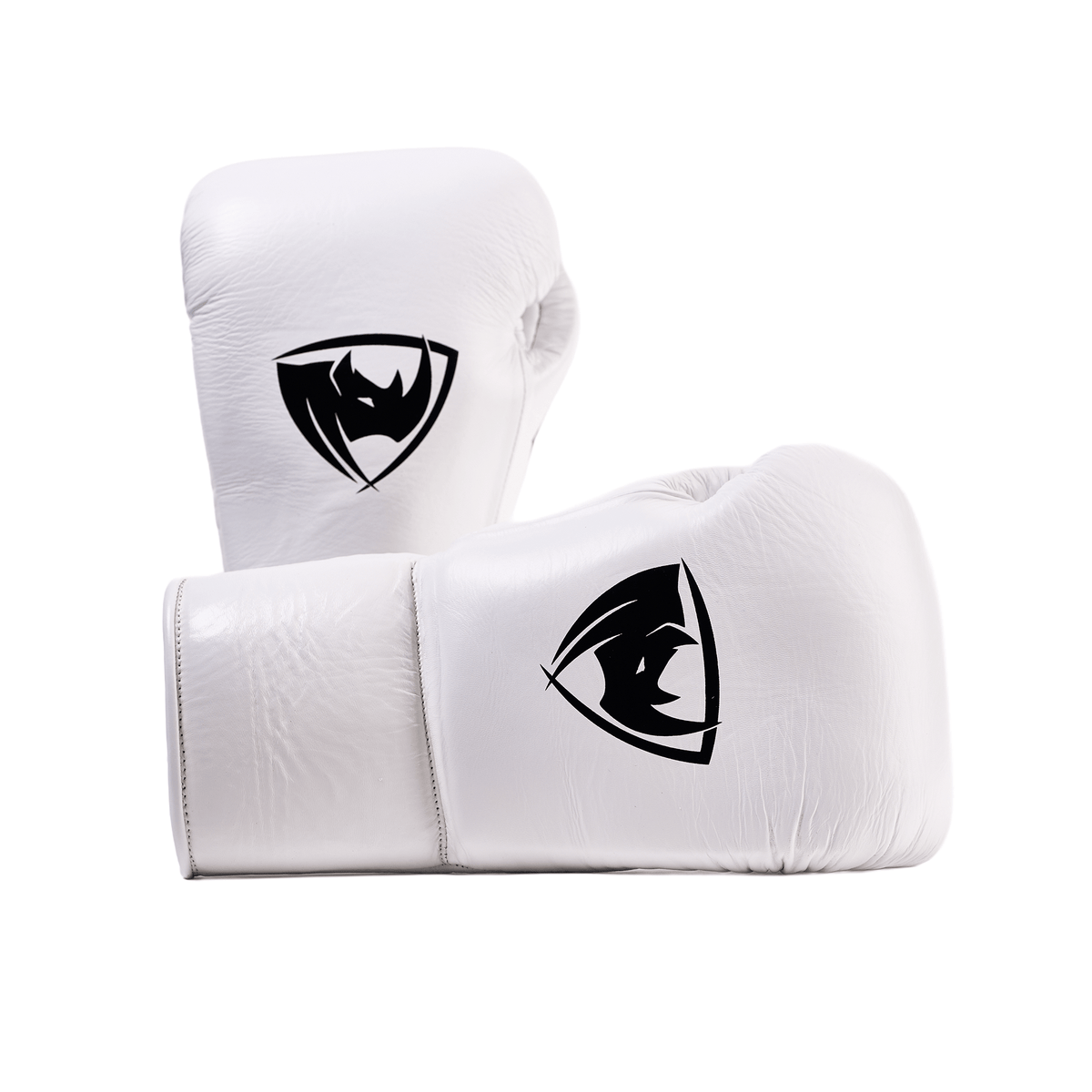 PROLAST PG professional lace-up boxing gloves in Columbian white, stacked pair with both black rhino logos showing