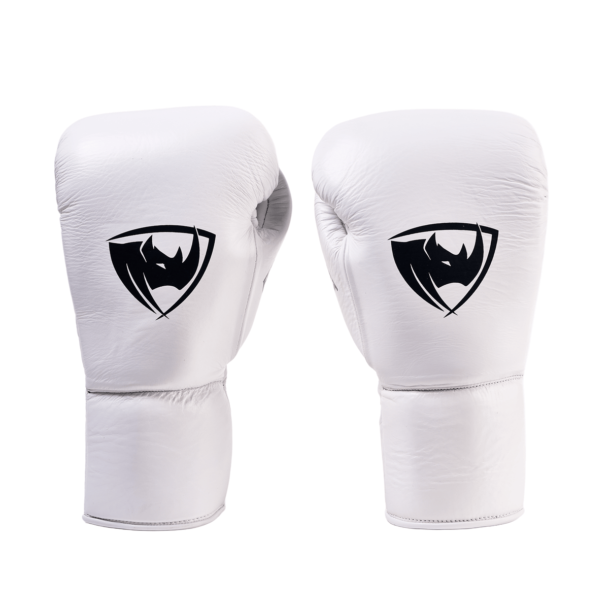 PROLAST PG professional lace-up boxing gloves in Columbian white, pair front view with black rhino logos