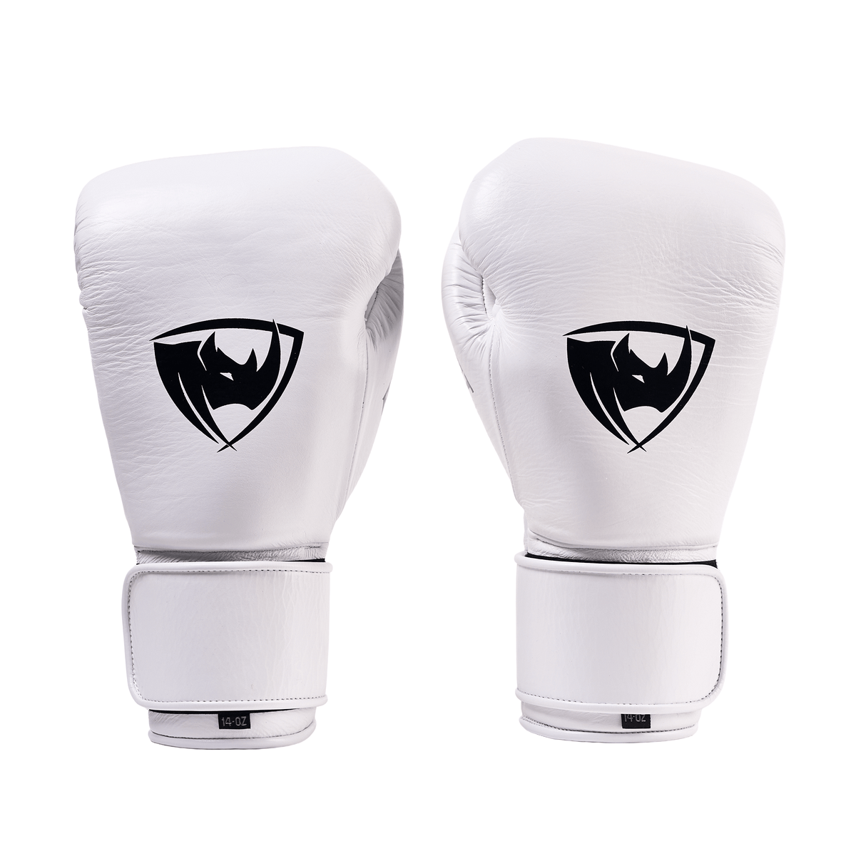 PROLAST PG professional boxing gloves in Columbian white with Velcro strap, pair front view with black rhino logos