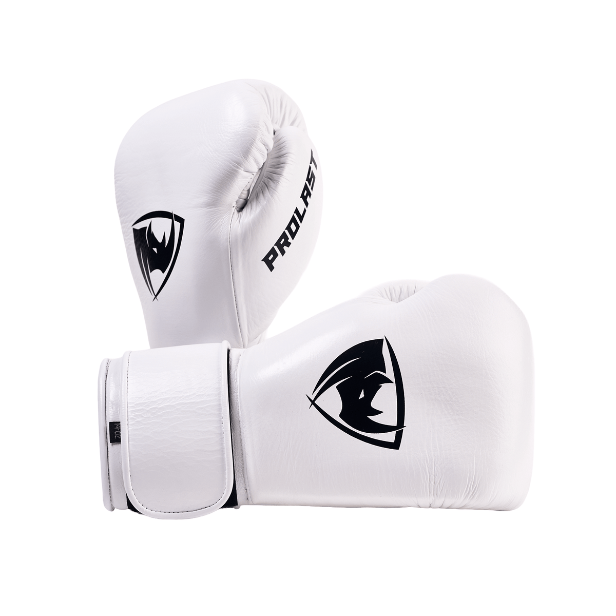 PROLAST PG professional boxing gloves in Columbian white with Velcro strap, stacked pair at an angle, logos and lettering