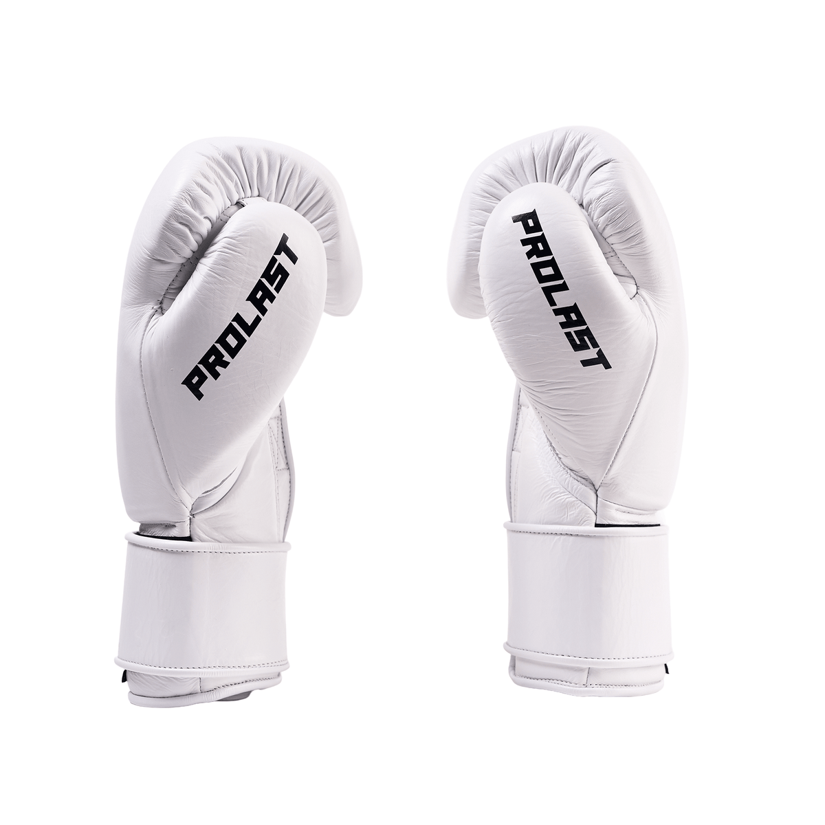 PROLAST PG professional boxing gloves in Columbian white with Velcro strap, pair side view with black PROLAST lettering