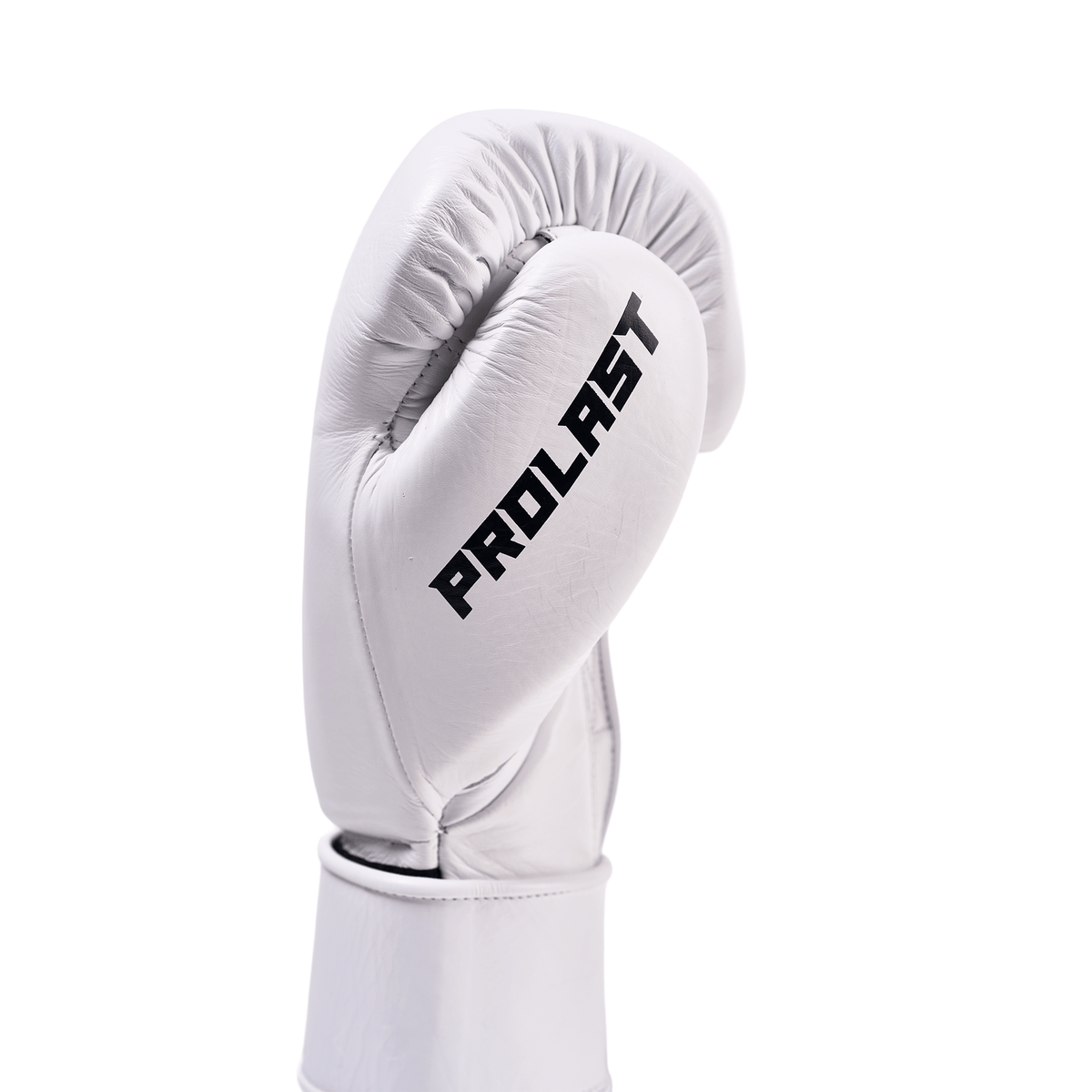 PROLAST PG professional boxing gloves in Columbian white, close-up of the other glove's thumb side with PROLAST lettering